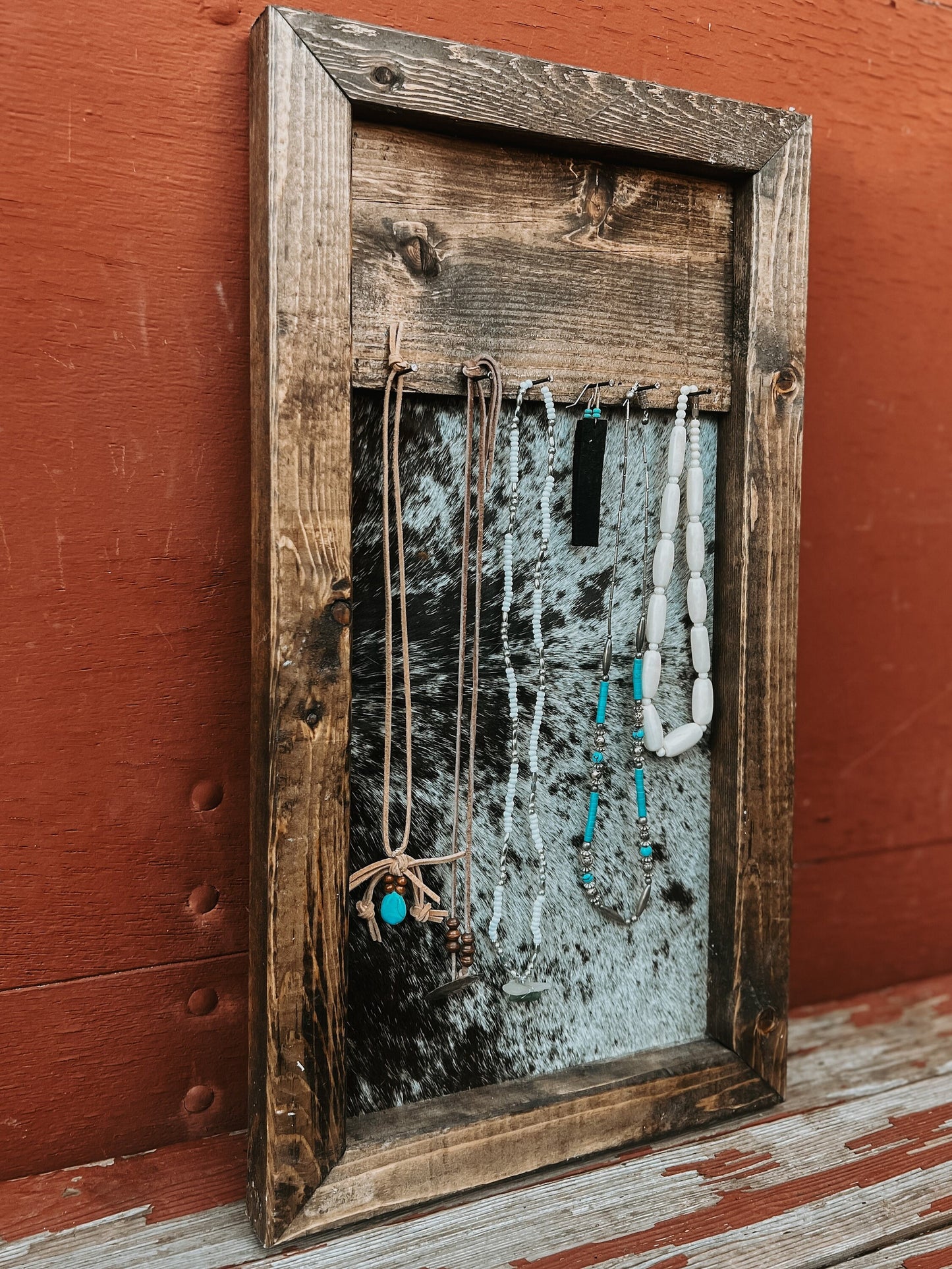 Cowhide jewelry hanger / rustic decor / cowhide decor / jewelry hanger