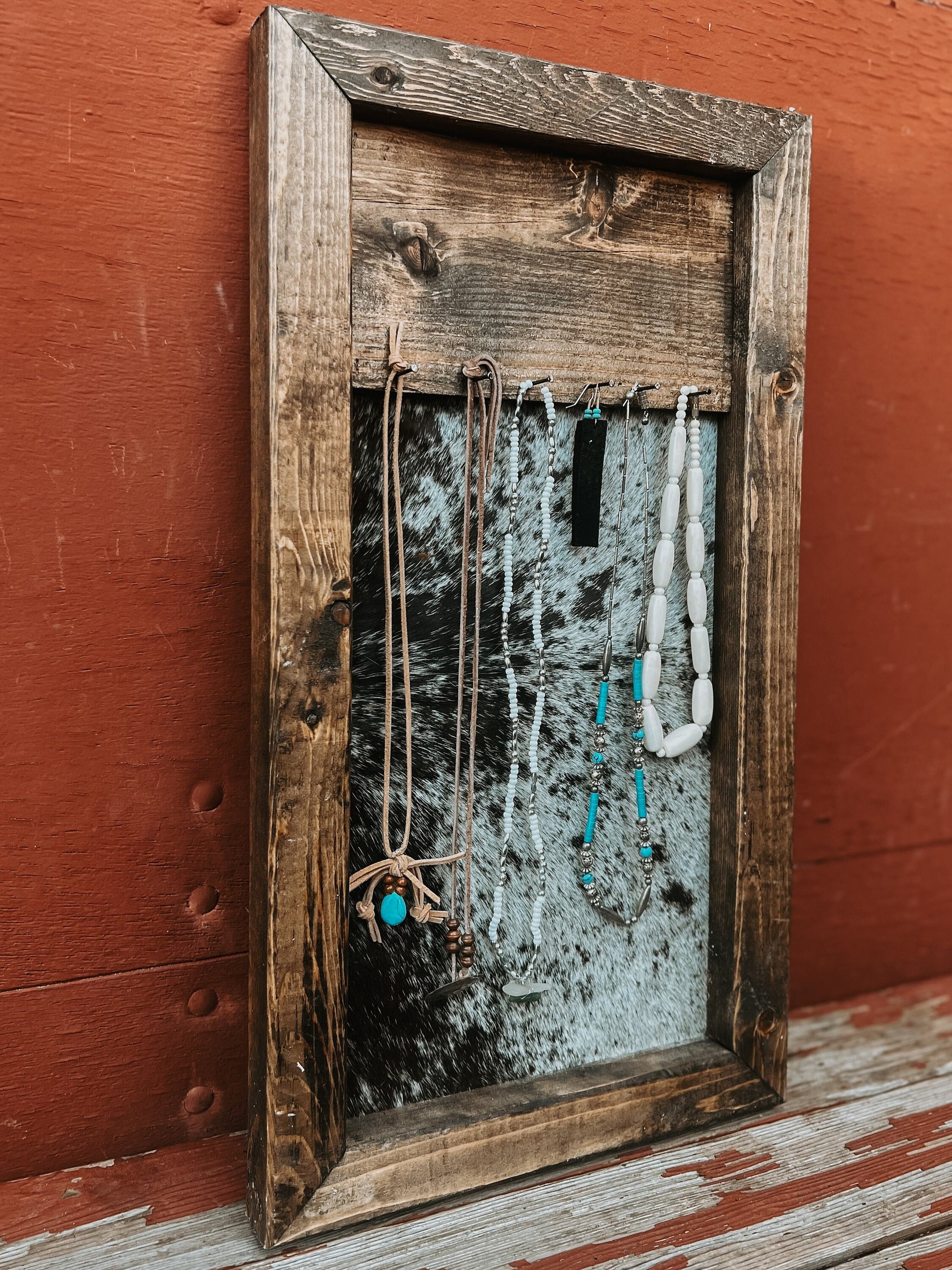 Cowhide jewelry hanger / rustic decor / cowhide decor / jewelry hanger