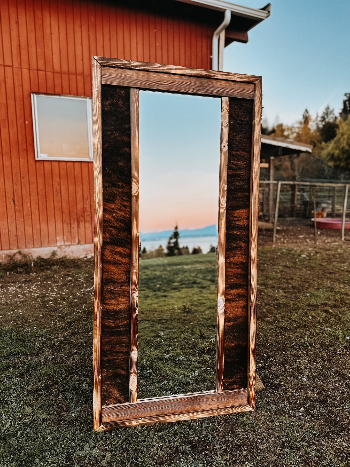 Genuine cowhide full length framed mirror / cowhide decor Western decor