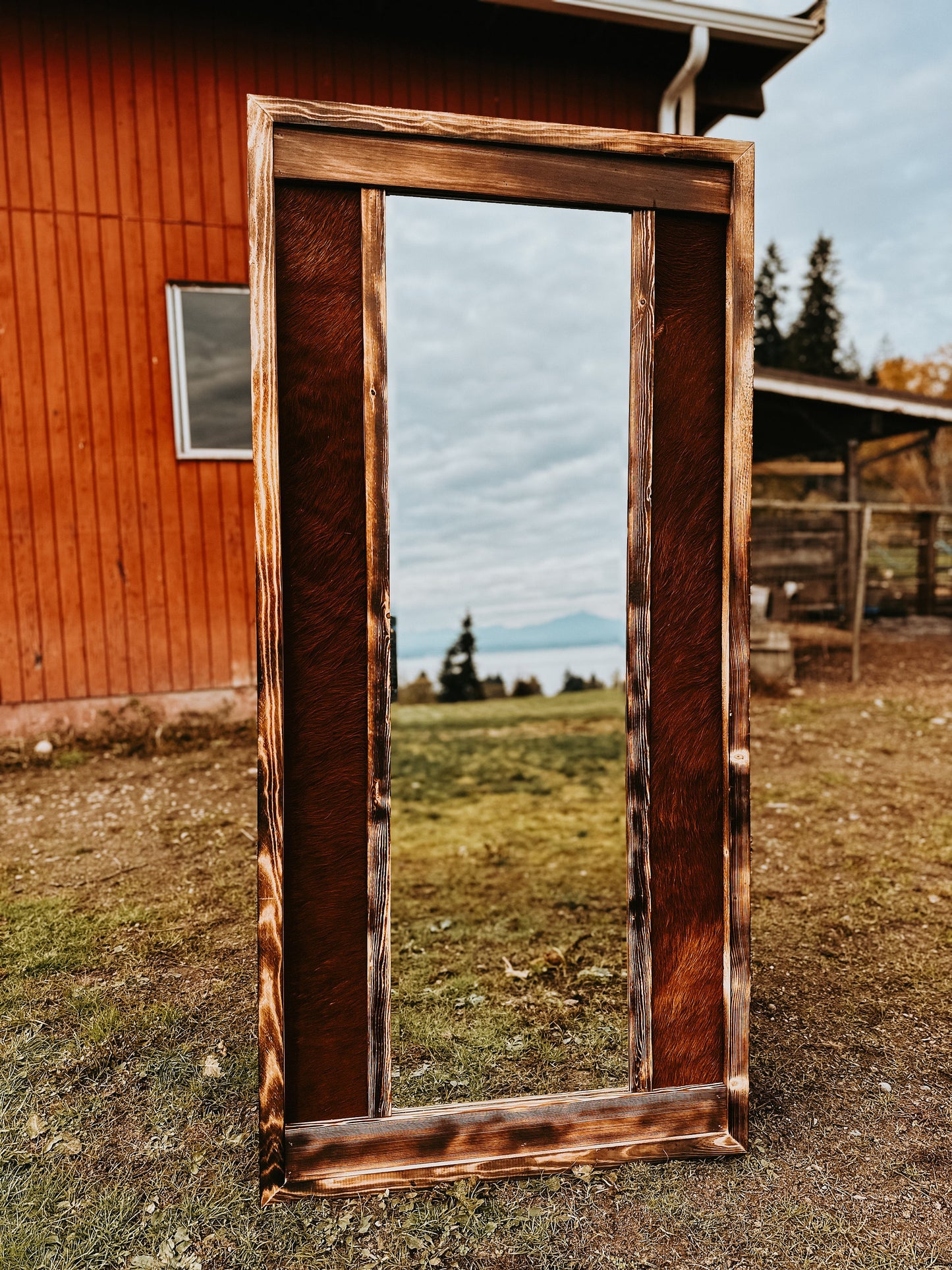 Genuine cowhide full length framed mirror / cowhide decor Western decor