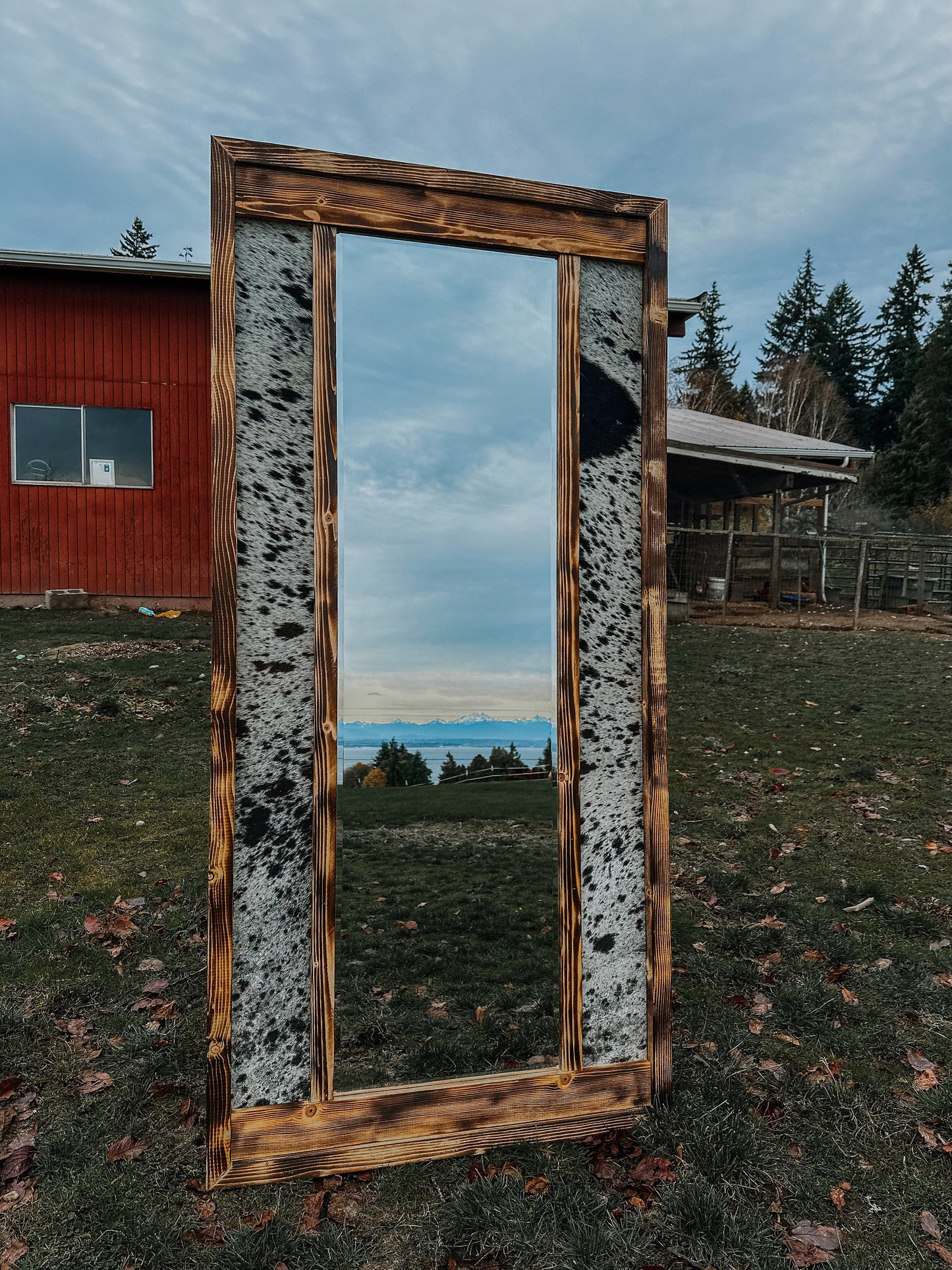 Genuine cowhide full length framed mirror / cowhide decor Western decor