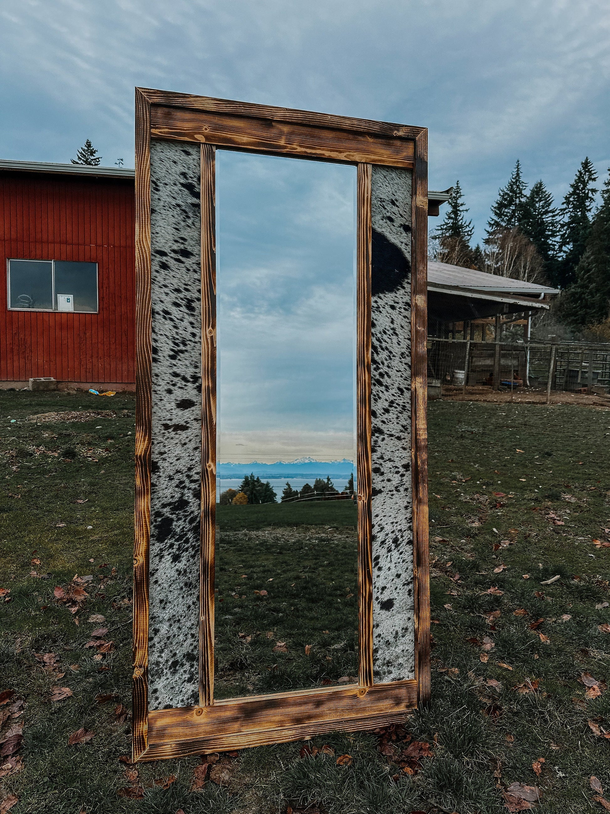 Genuine cowhide full length framed mirror / cowhide decor Western decor