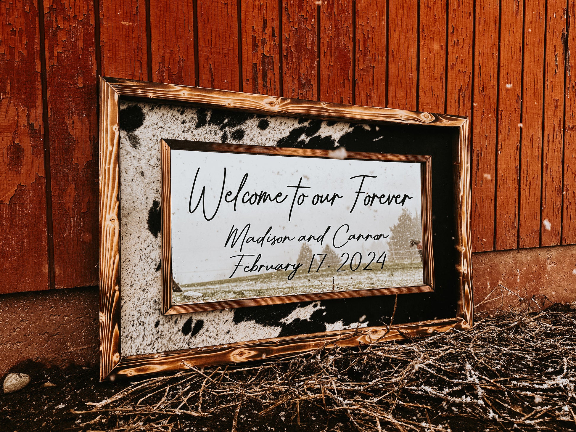 Framed cowhide mirror / Western mirror/ Cowhide decor