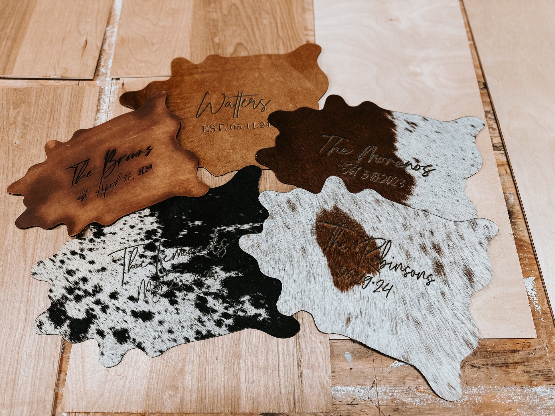 Mini customizable cowhides / wedding center piece decor