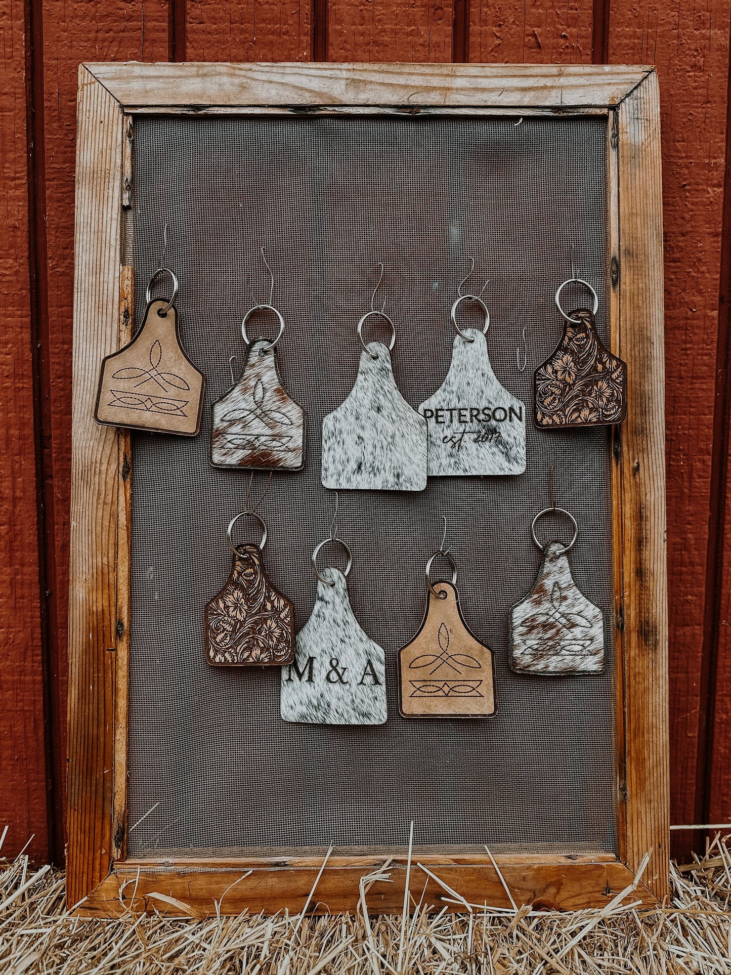 Leather and cowhide cowtag key chains - LASER ENGRAVED