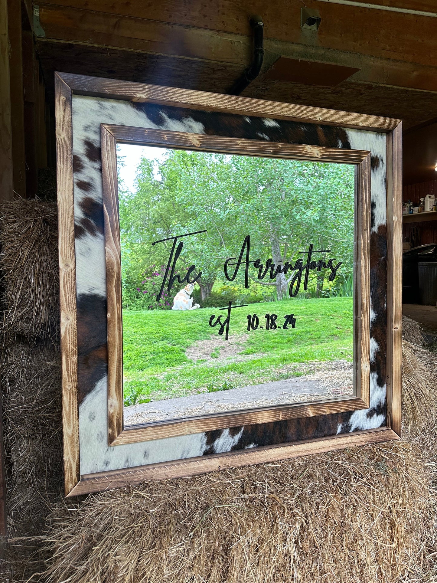 Framed cowhide mirror / Western mirror/ Cowhide decor