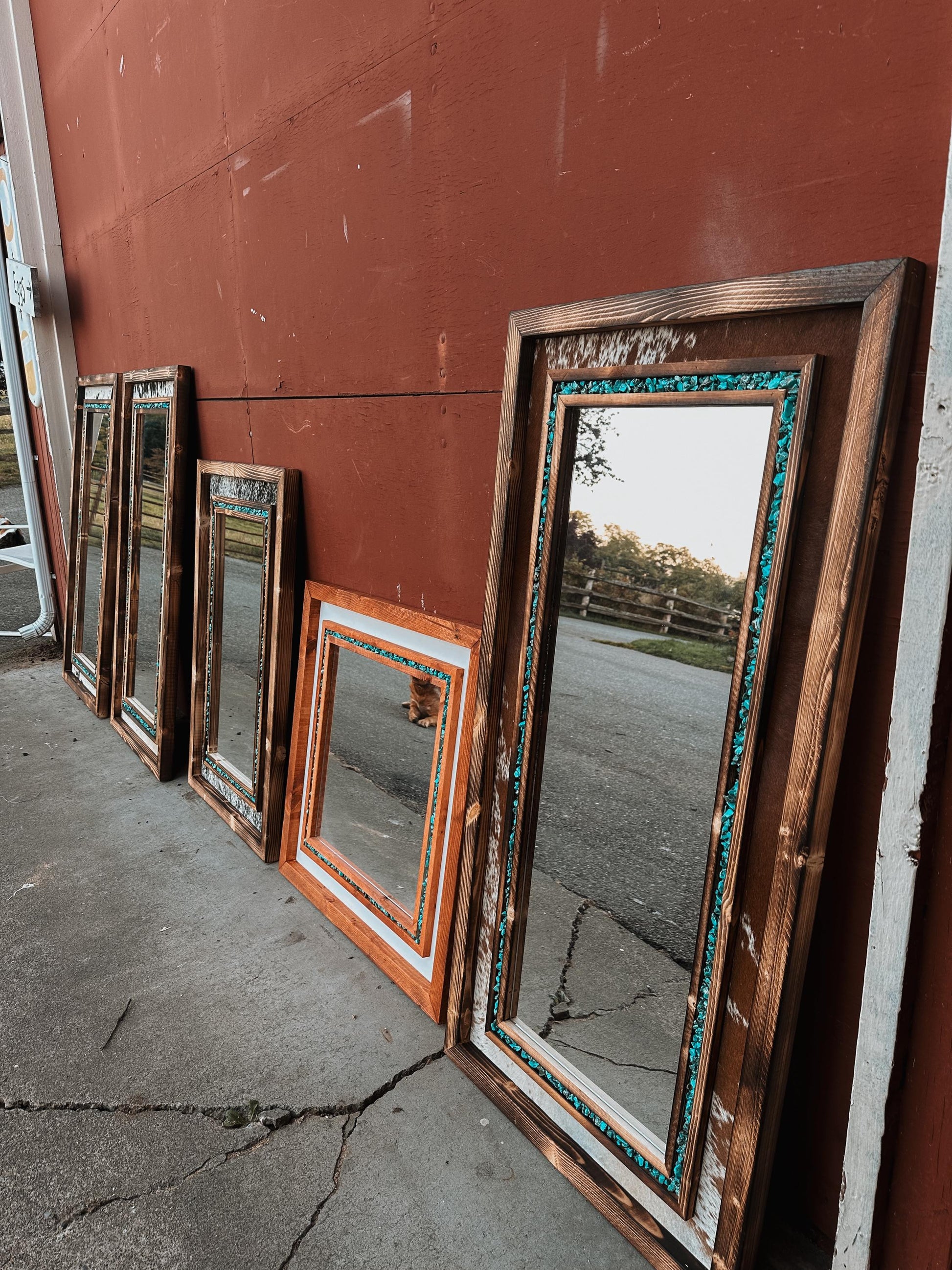 Framed cowhide turquoise mirror / Western mirror/ Cowhide decor / READ DESCRIPTION