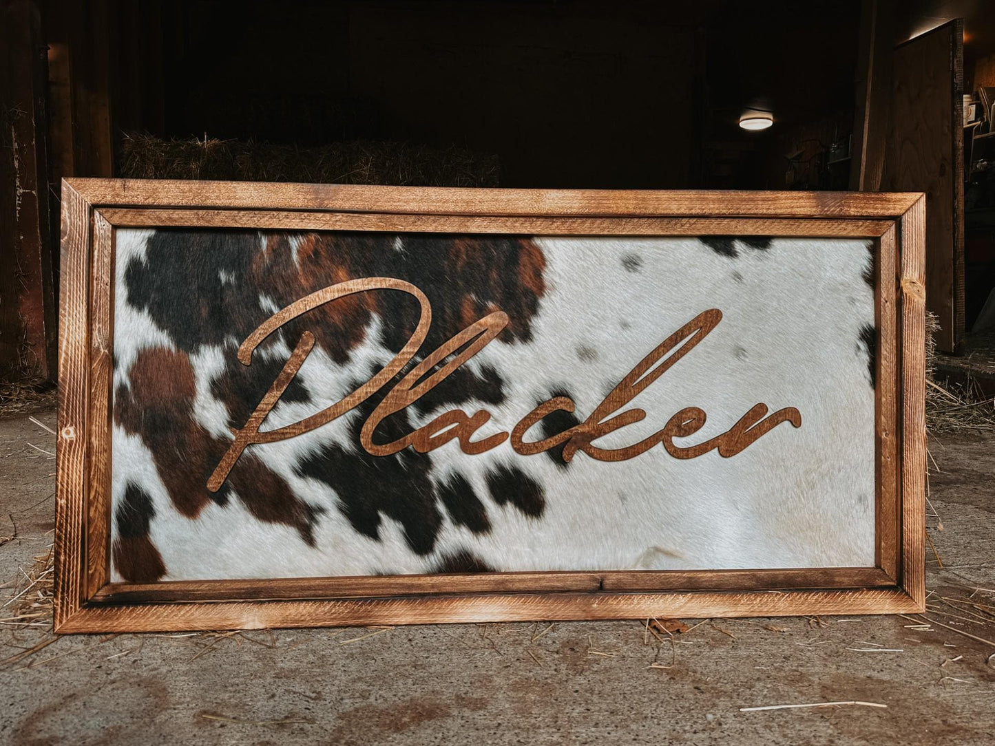 Genuine all cowhide sign with wood lettering