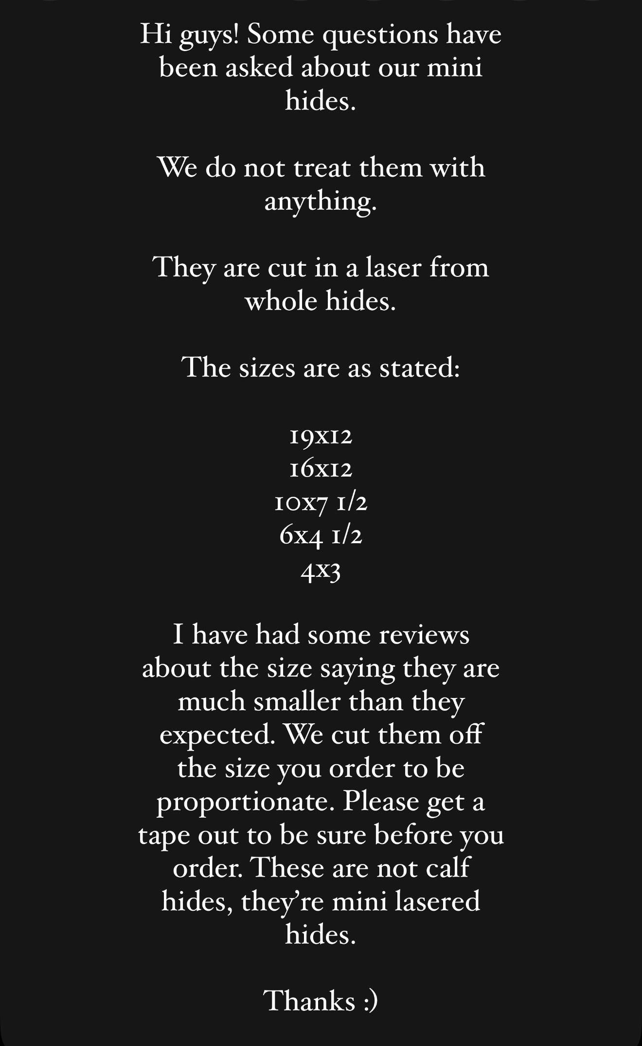 Mini customizable cowhides / wedding center piece decor