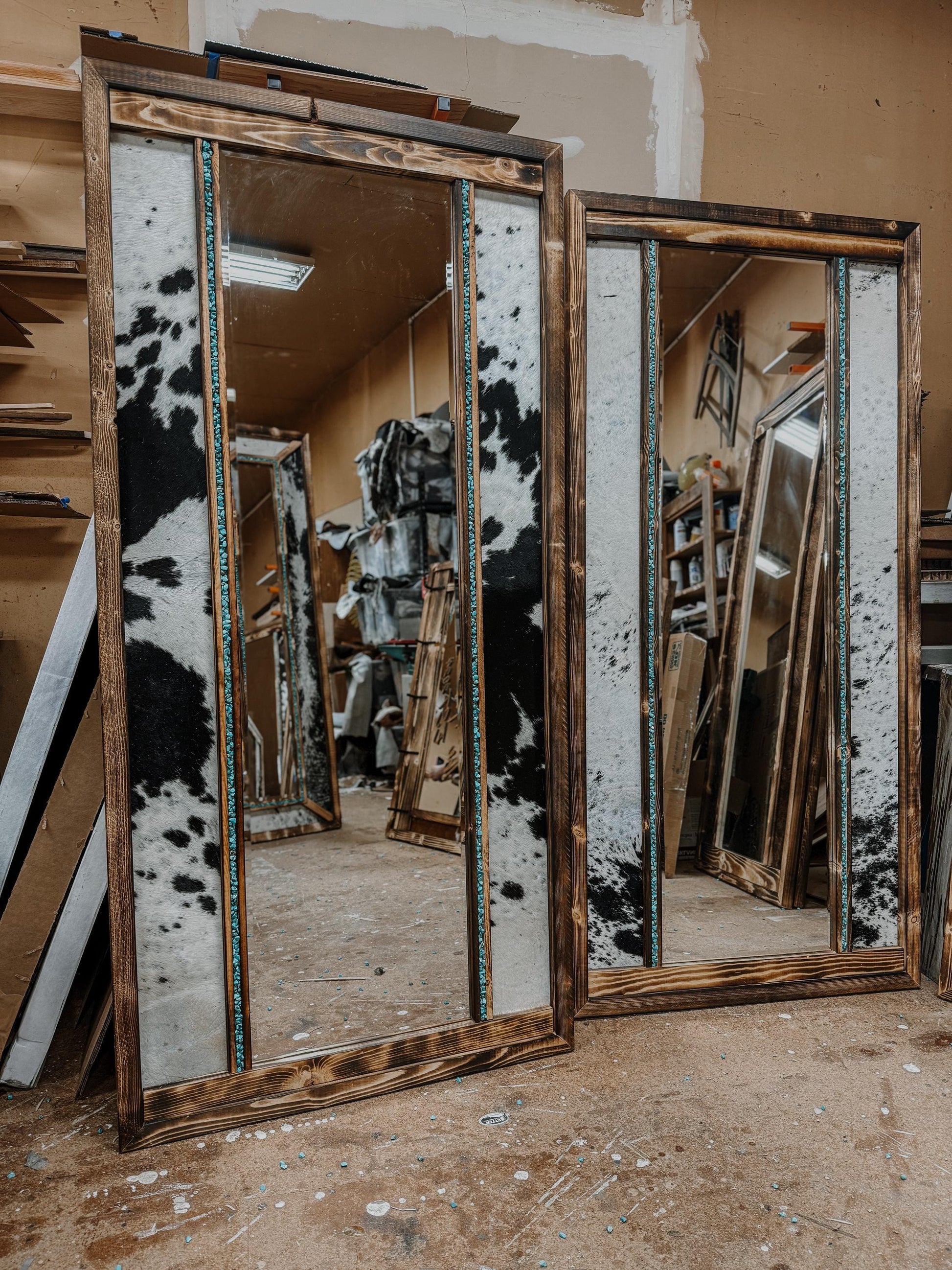 Genuine cowhide full length framed mirror with turquoise / cowhide decor/ Western decor READ DESCRIPTION