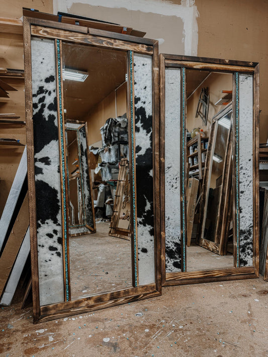 Genuine cowhide full length framed mirror with turquoise / cowhide decor/ Western decor READ DESCRIPTION
