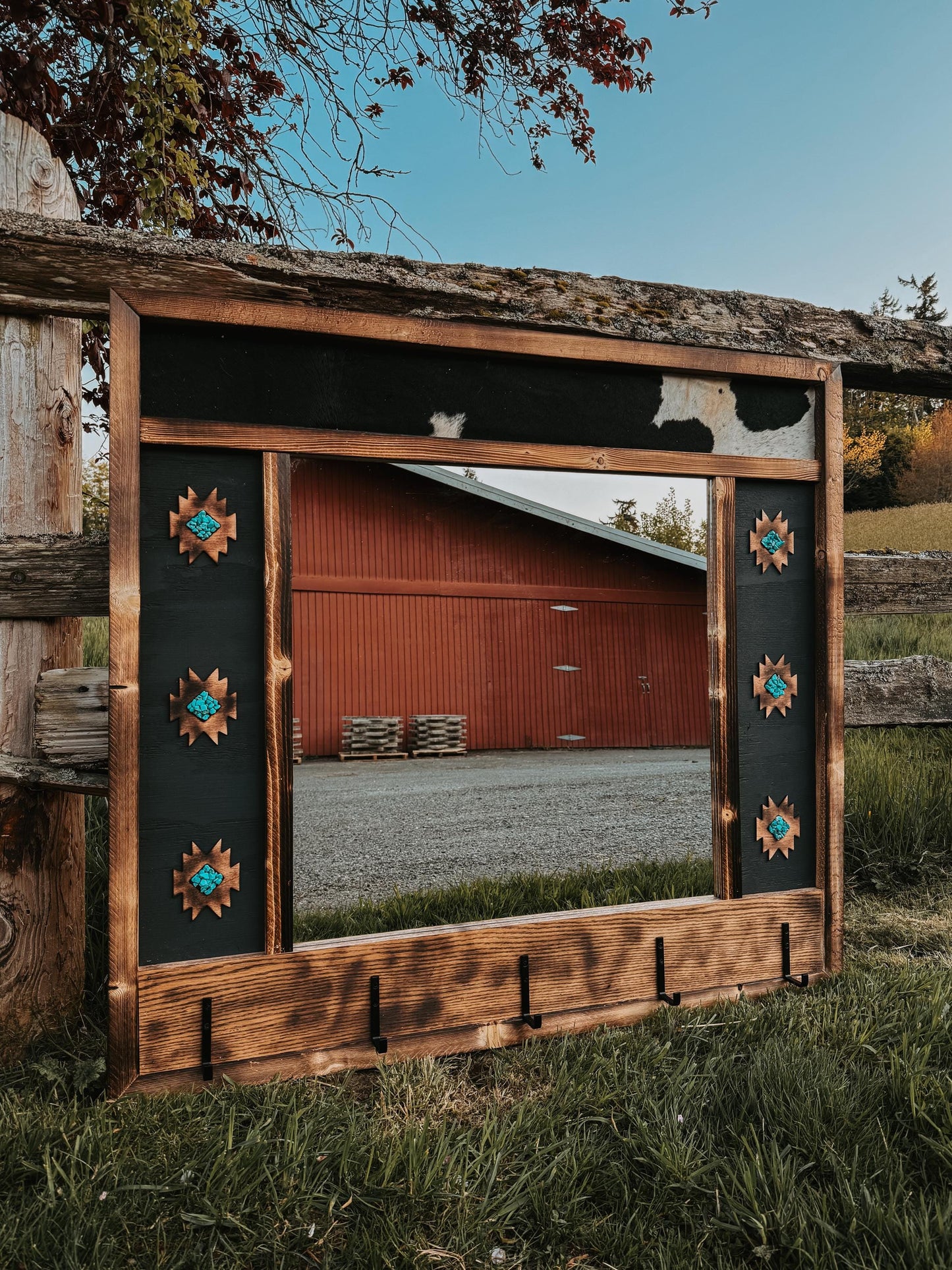 Cowhide south west style - framed mirror with hangers