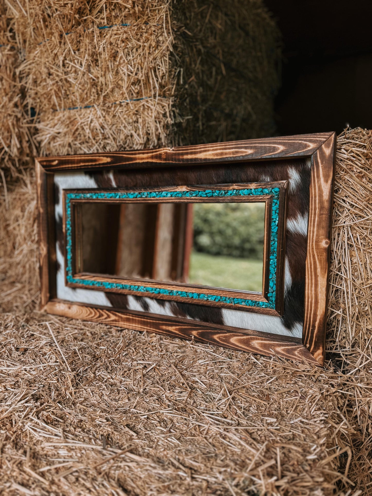 Framed cowhide turquoise mirror / Western mirror/ Cowhide decor / READ DESCRIPTION