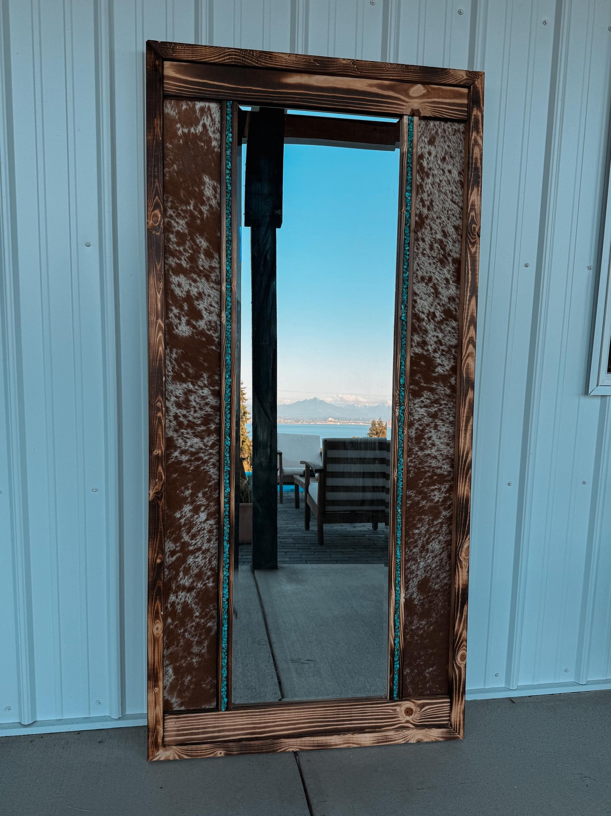 Genuine cowhide full length framed mirror with turquoise / cowhide decor/ Western decor READ DESCRIPTION