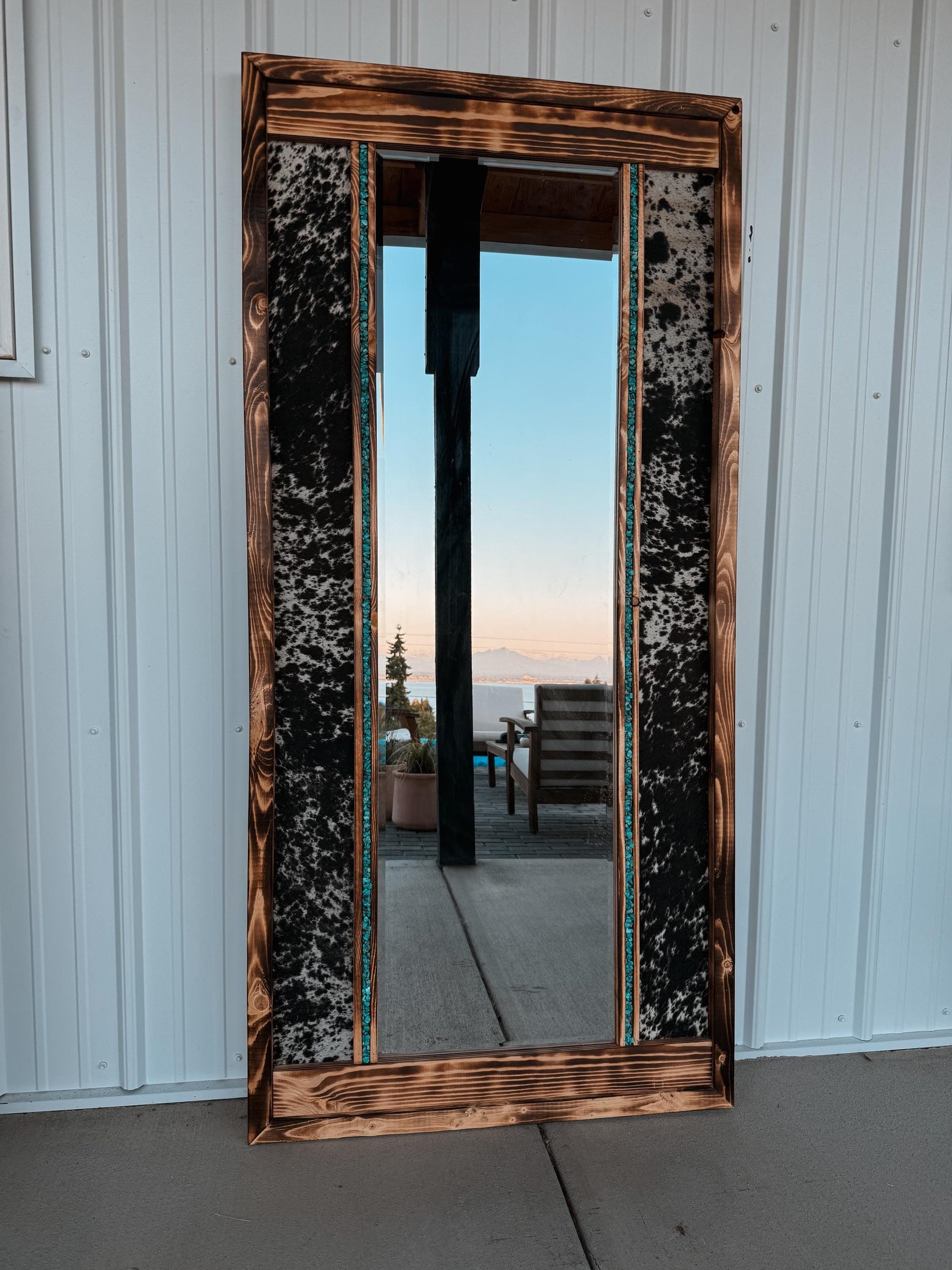 Genuine cowhide full length framed mirror with turquoise / cowhide decor/ Western decor READ DESCRIPTION