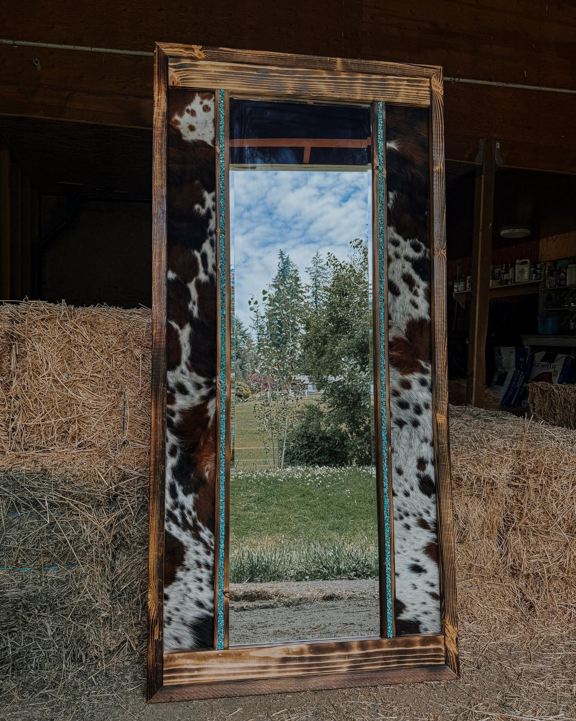 Genuine cowhide full length framed mirror with turquoise / cowhide decor/ Western decor READ DESCRIPTION