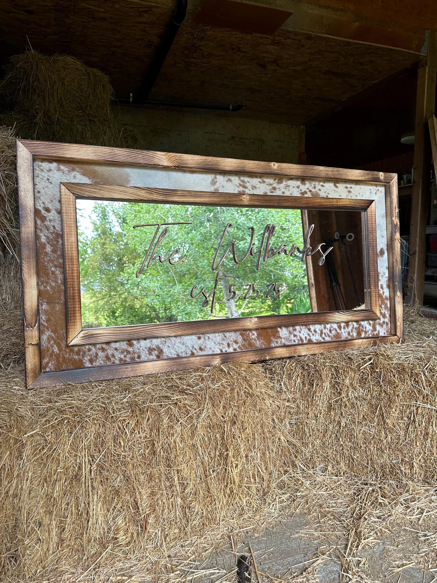 Framed cowhide mirror / Western mirror/ Cowhide decor
