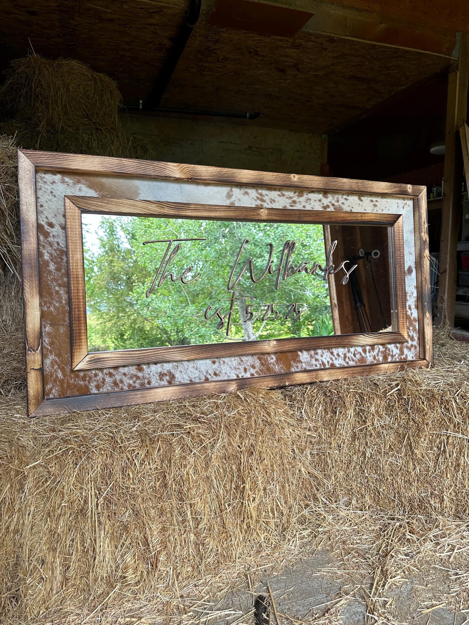 Framed cowhide mirror / Western mirror/ Cowhide decor