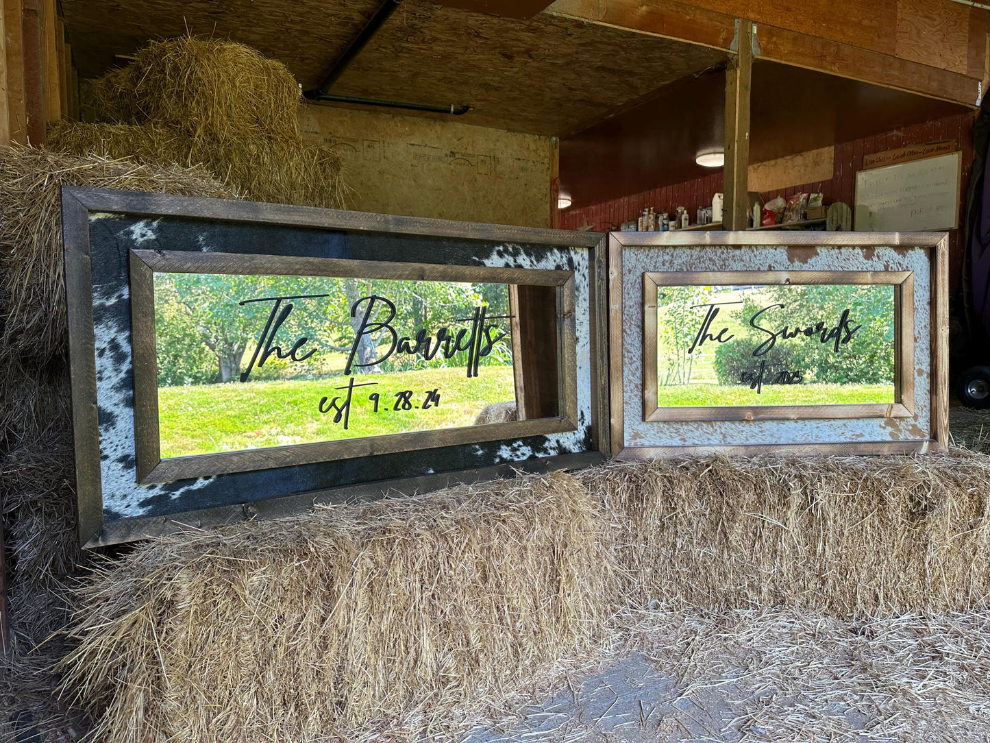 Framed cowhide mirror / Western mirror/ Cowhide decor