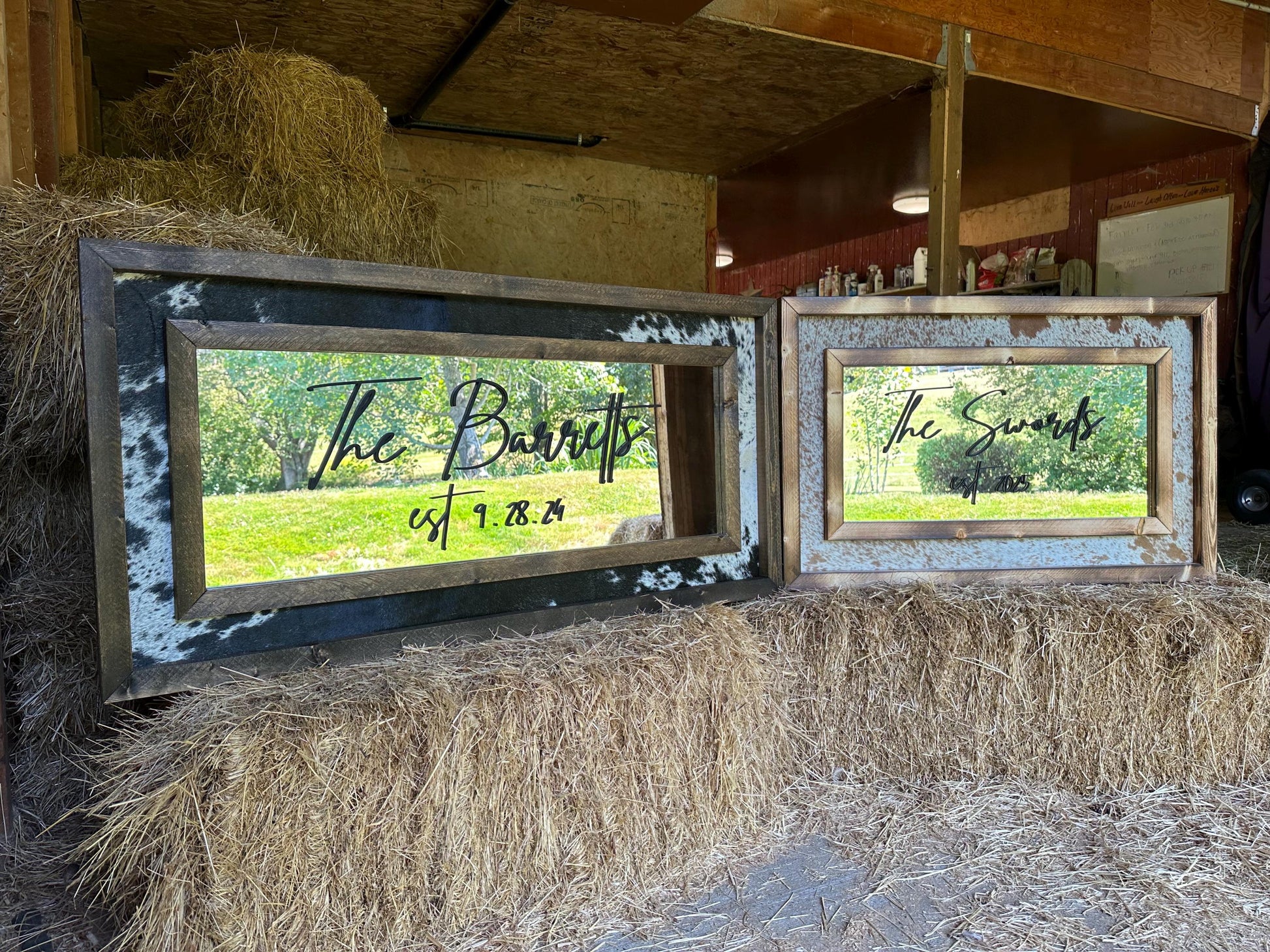 Framed cowhide mirror / Western mirror/ Cowhide decor