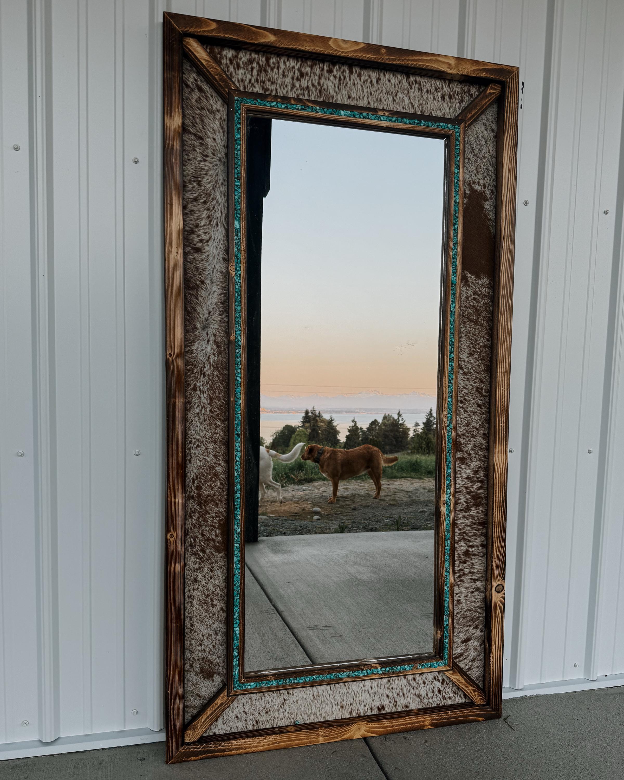 Framed cowhide turquoise mirror / Western mirror/ Cowhide decor / READ DESCRIPTION