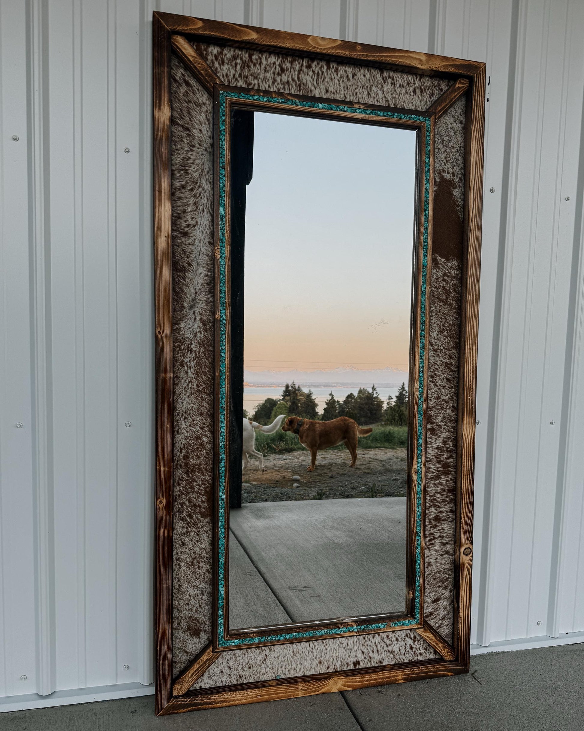 Framed cowhide turquoise mirror / Western mirror/ Cowhide decor / READ DESCRIPTION