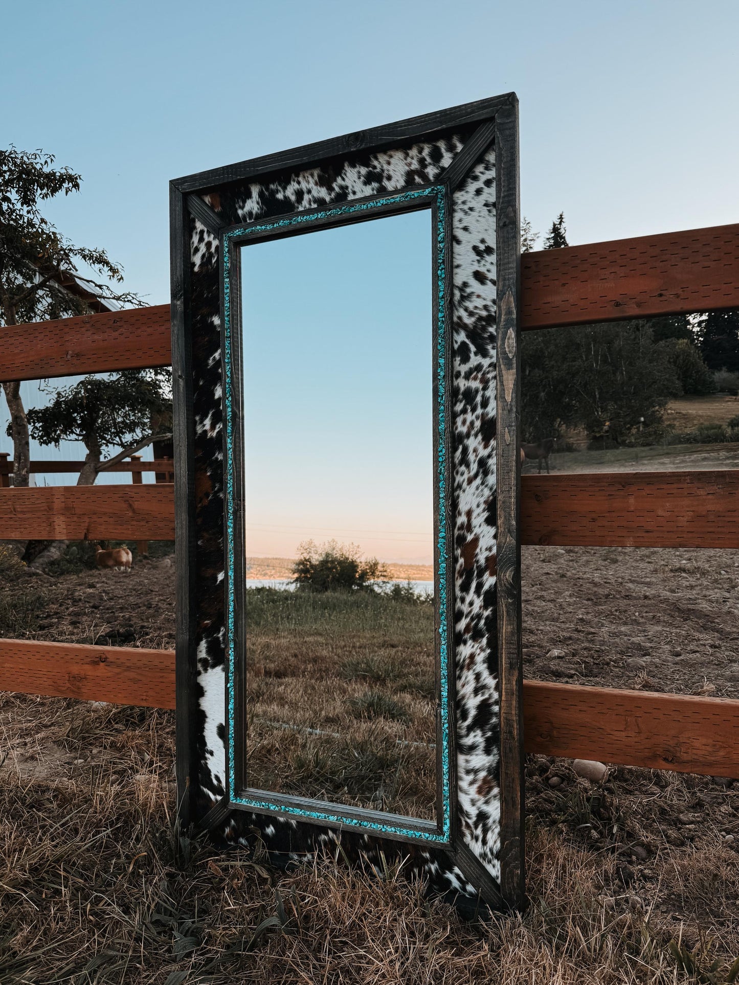 Framed cowhide turquoise mirror / Western mirror/ Cowhide decor / READ DESCRIPTION
