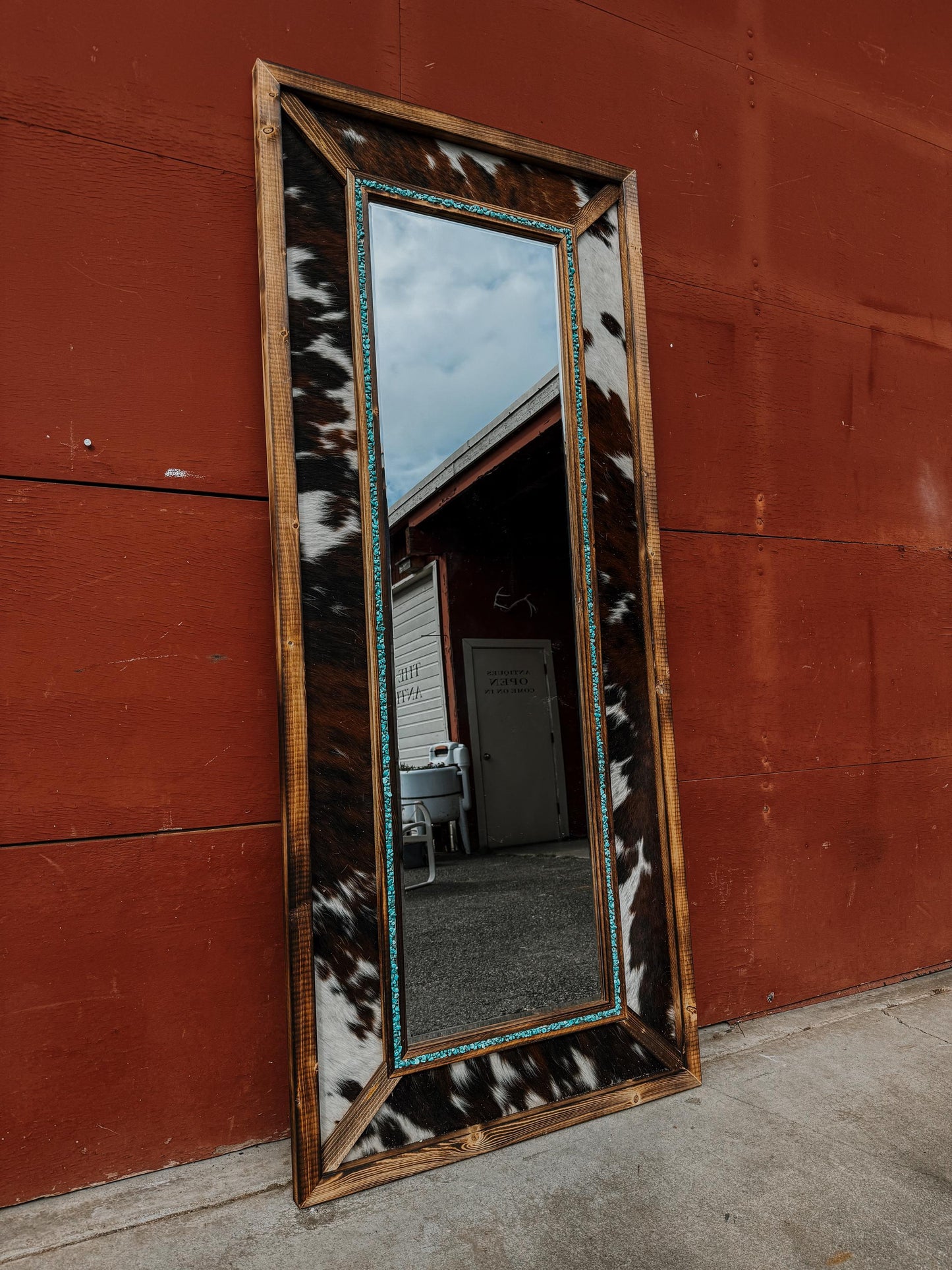 Framed cowhide turquoise mirror / Western mirror/ Cowhide decor / READ DESCRIPTION
