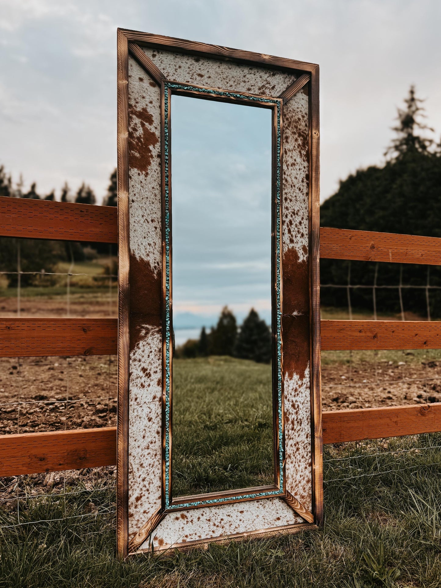 Framed cowhide turquoise mirror / Western mirror/ Cowhide decor / READ DESCRIPTION