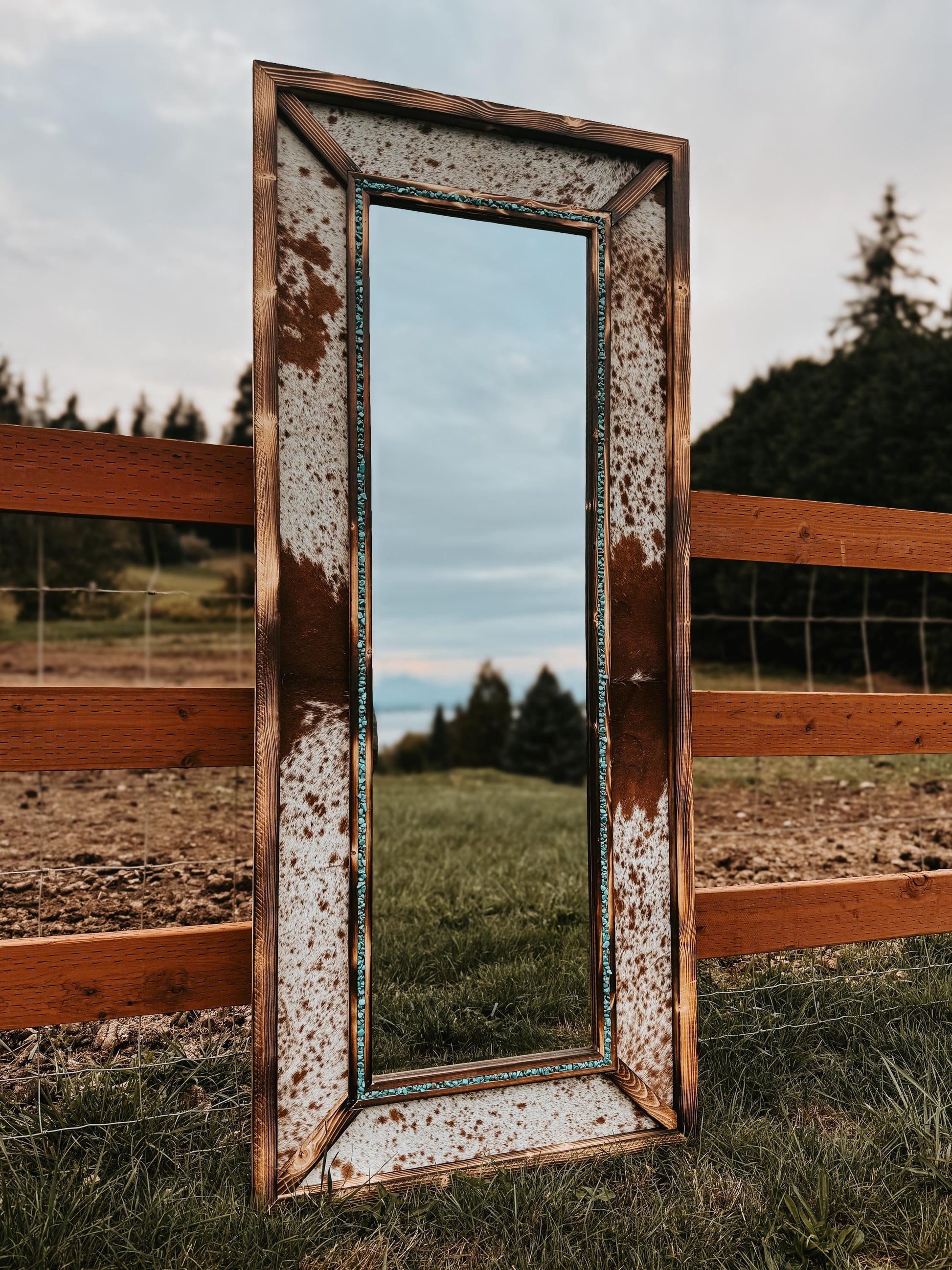 Framed cowhide turquoise mirror / Western mirror/ Cowhide decor / READ DESCRIPTION
