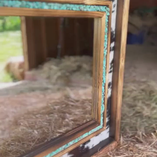 Handmade Cowhide & Turquoise Western Mirror - Pine Wood Frame