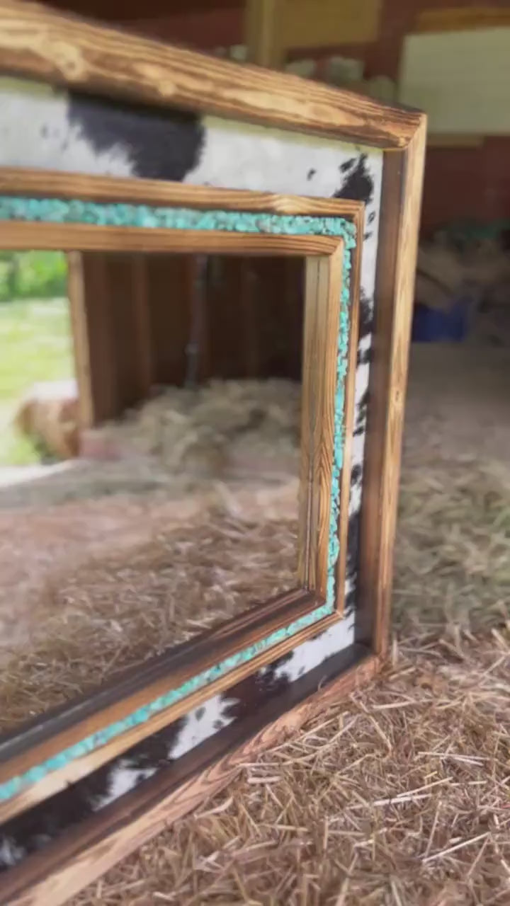 Handmade Cowhide & Turquoise Western Mirror - Pine Wood Frame
